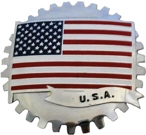 [222871] Grille Badges, USA Flag, 3-3/4", Chrome-Plated Brass With Baked-On Enamel Colors, 1954-2014