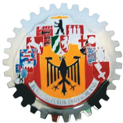 [220392] Grille Badge - Germany 10 Cities, 3-3/4"",Chrome-Plated Brass With Baked-On Enamel Colors, 1954-2014